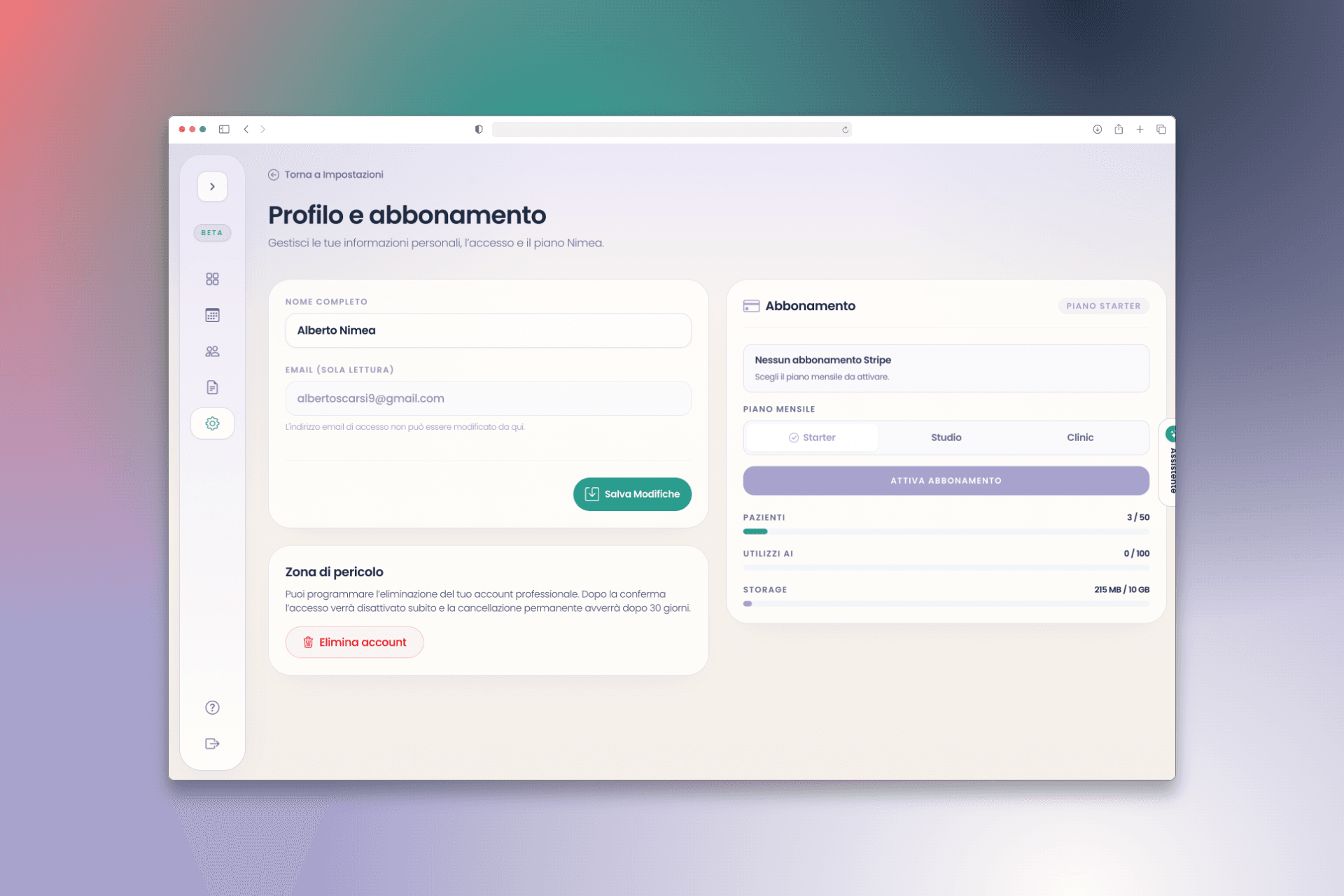 Pagina Profilo e abbonamento di Nimea con scelta del piano e pulsante Attiva abbonamento