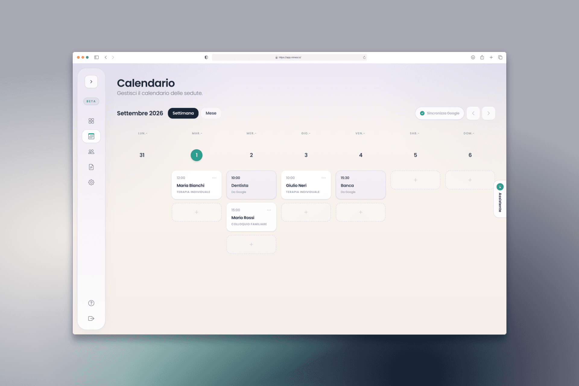 Calendario Nimea con sedute e impegni sincronizzati da Google Calendar.