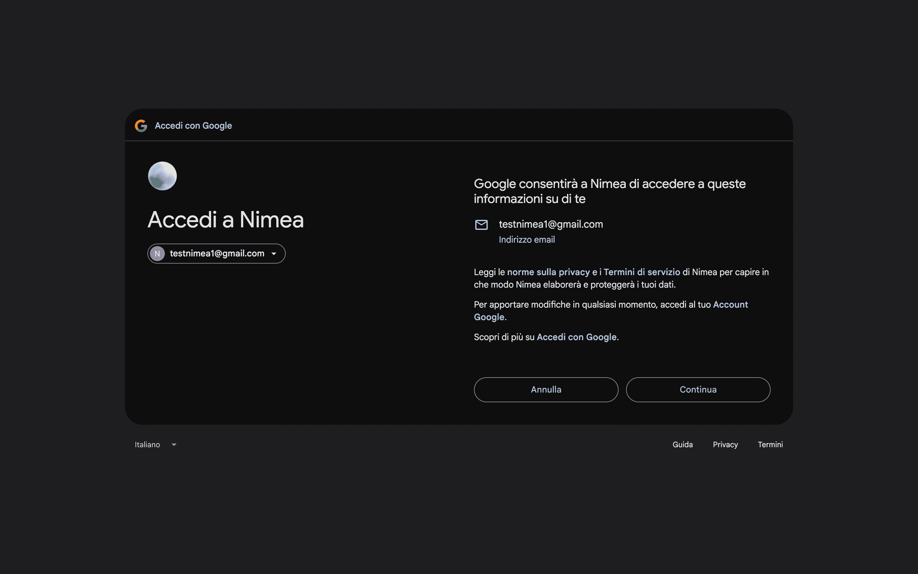 Schermata di accesso Google a Nimea con account selezionato e pulsante Continua.