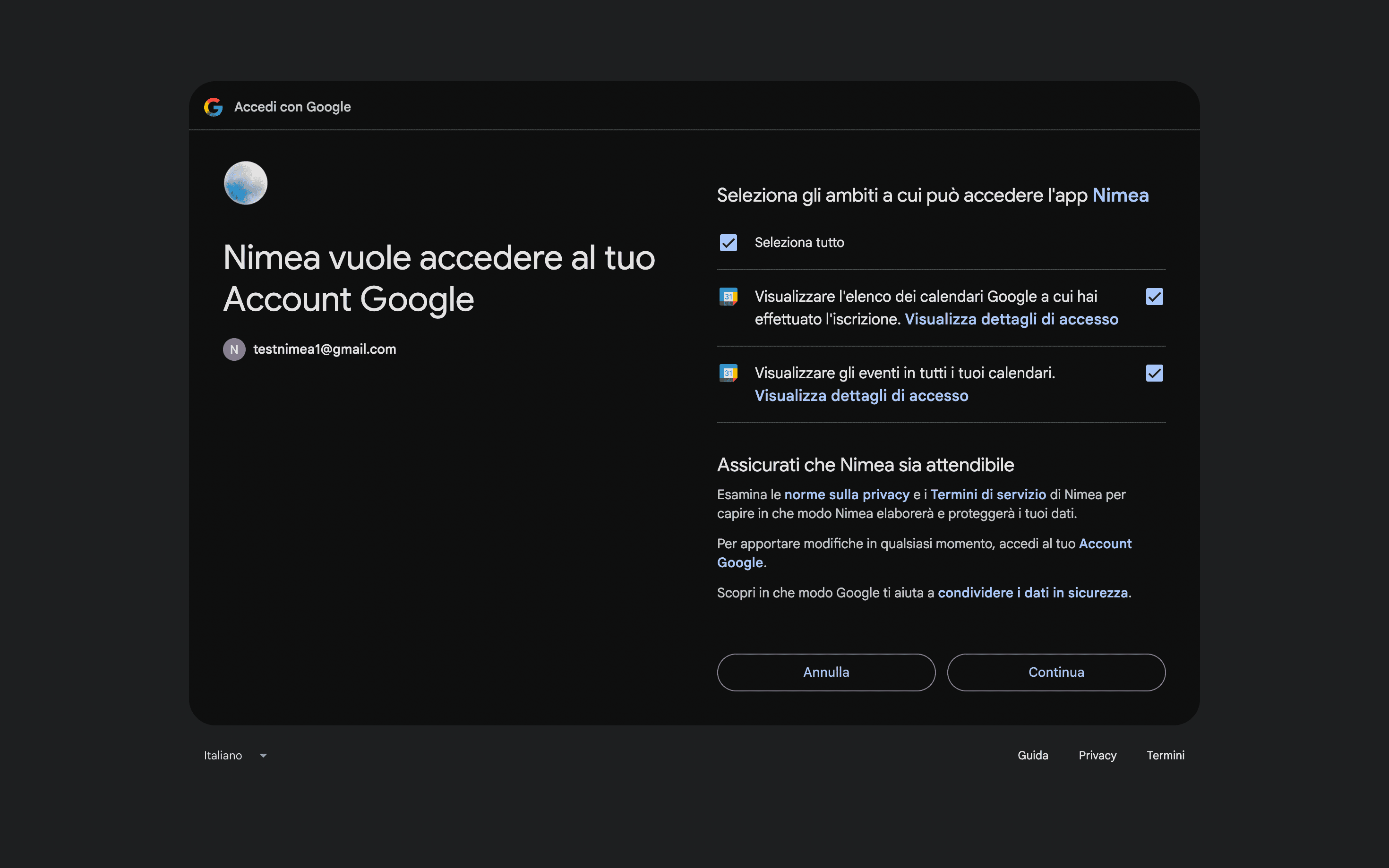 Schermata Google con le due autorizzazioni richieste da Nimea per visualizzare calendari ed eventi.