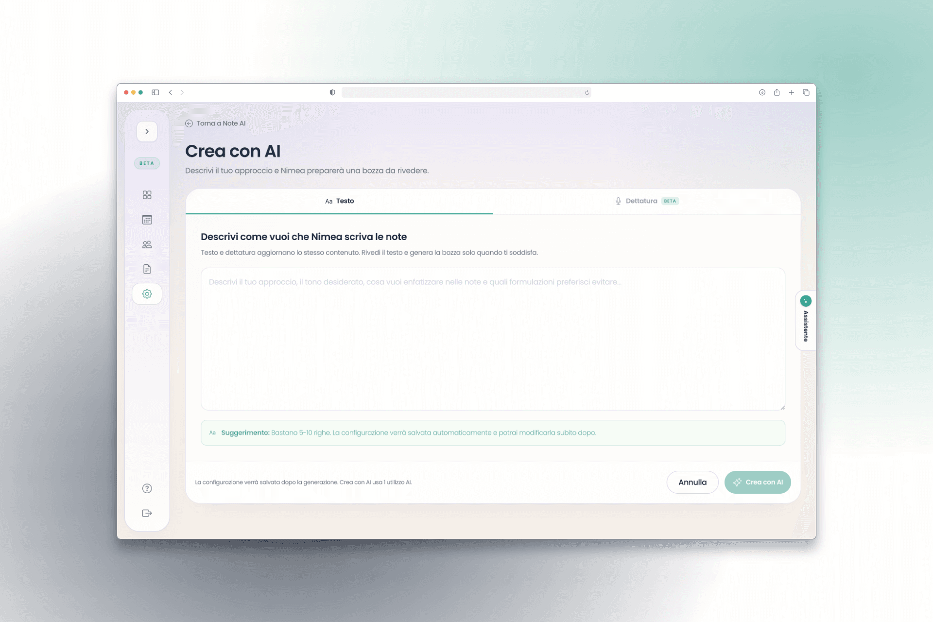 Schermata Crea con AI per descrivere tramite testo o dettatura lo stile desiderato per le note.