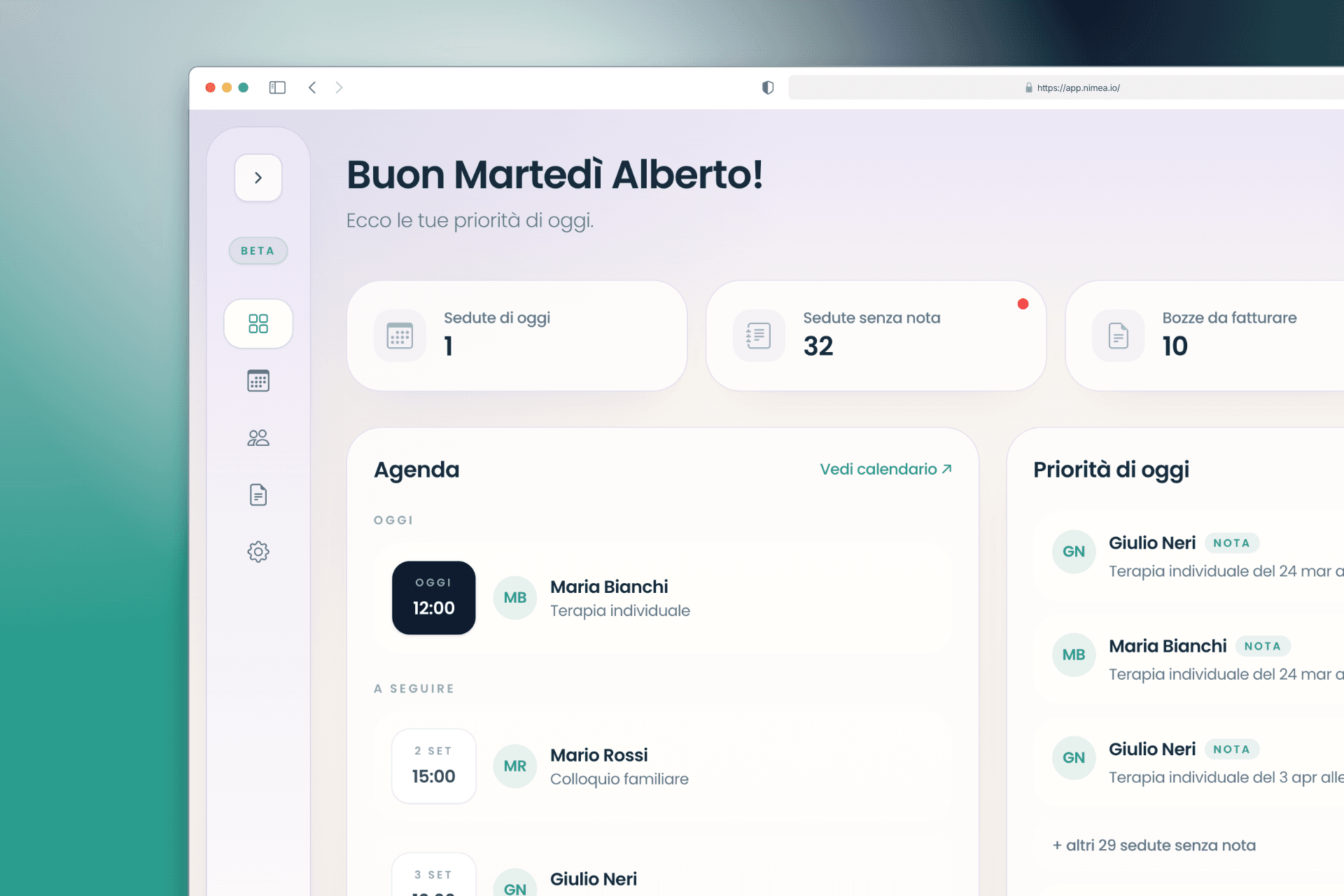 Dashboard di Nimea con riepilogo delle sedute, attività prioritarie e agenda.