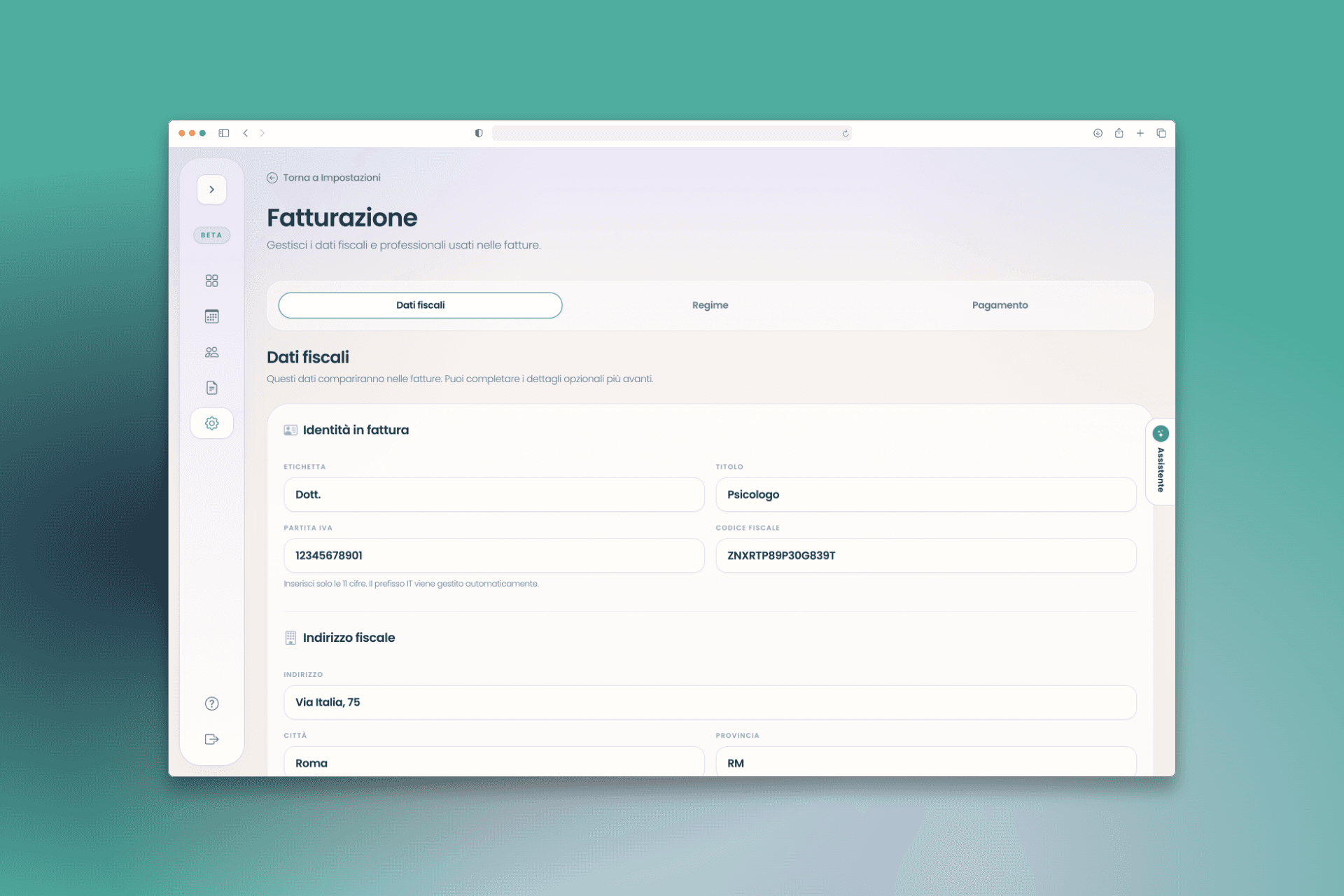 Form Fatturazione di Nimea organizzato nei passaggi Dati fiscali, Regime e Pagamento.