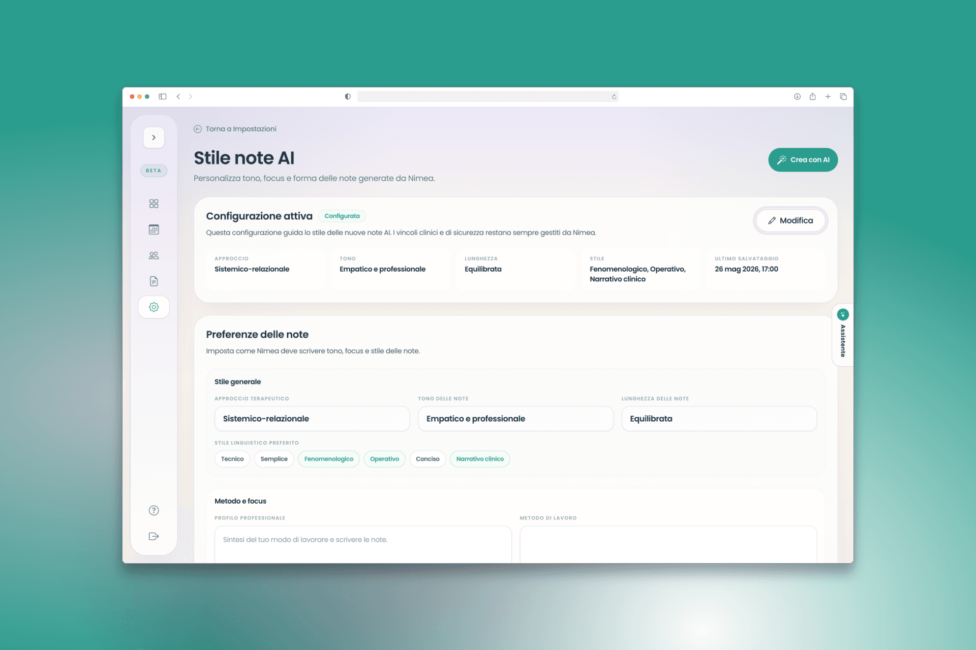 Configurazione attiva dello stile Note AI con riepilogo delle preferenze e pulsante Modifica.