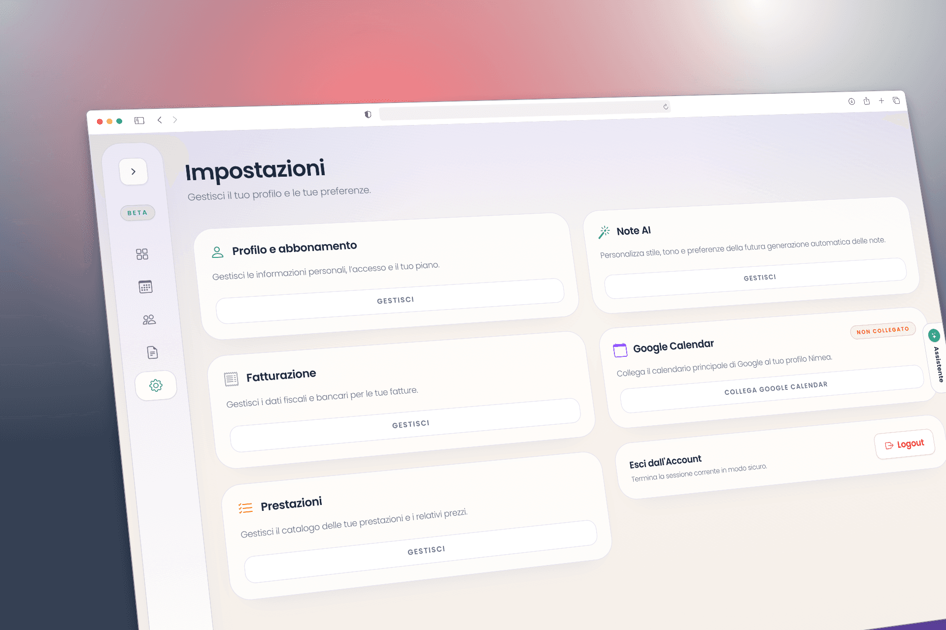 Pagina Impostazioni di Nimea con la card Fatturazione e il pulsante Gestisci.