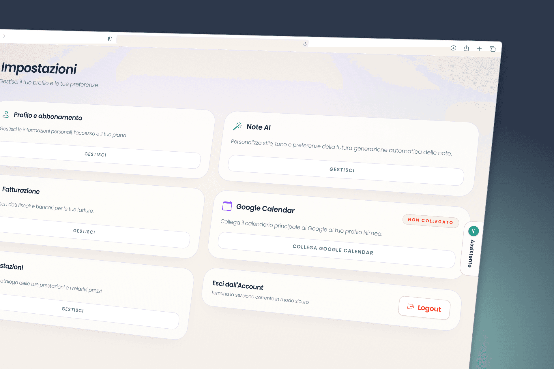 Pagina Impostazioni di Nimea con la card Note AI e il pulsante Gestisci.