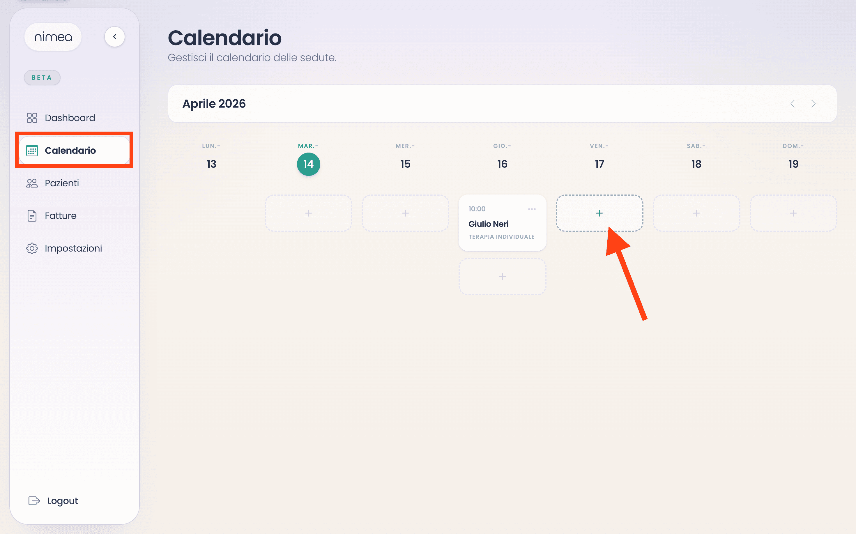 Schermata del calendario con il pulsante "+" nel giorno selezionato per creare una nuova seduta.