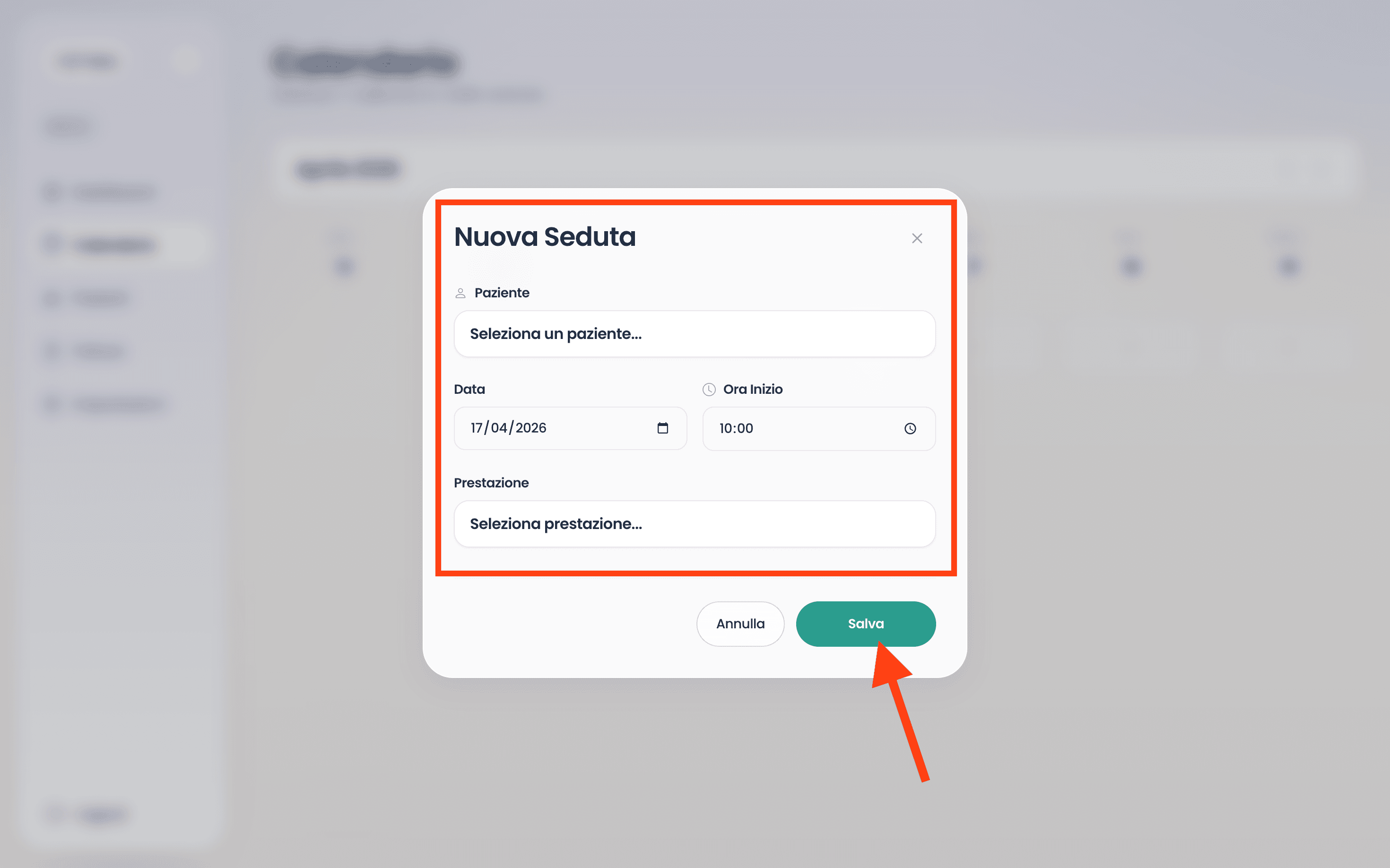 Modal Nuova Seduta con paziente, data, ora e prestazione da compilare prima del salvataggio.