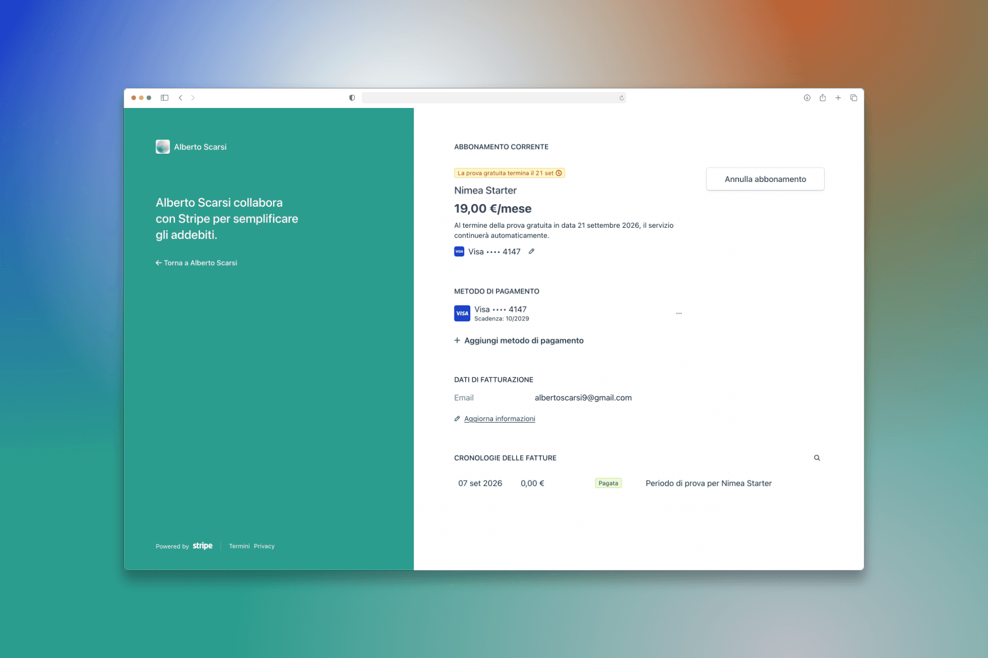 Portale cliente Stripe con abbonamento Nimea, metodo di pagamento, dati di fatturazione e cronologia delle fatture