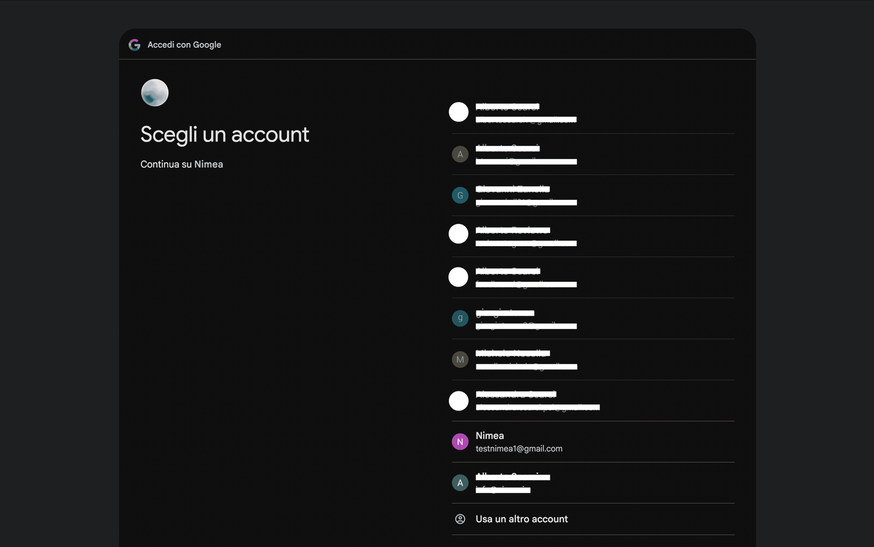 Schermata Google per scegliere l’account da collegare a Nimea.